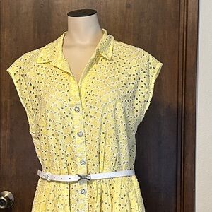 BETSEY JOHNSON YELLOW & WHITE EYELET BELTED MIDI DRESS SIZE 12
